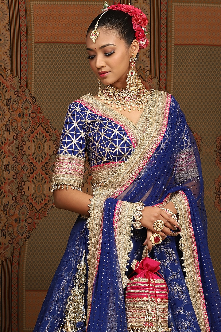 Electric Blue Cotton Shimmer Chanderi Gota Embroidered Wedding Lehenga Set by Shikhar Sharma at Pernia's Pop Up Shop