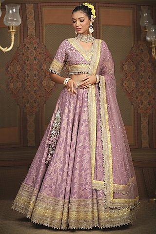 Light Purple Cotton Shimmer Chanderi Gota Embroidered Lehenga Set by Shikhar Sharma