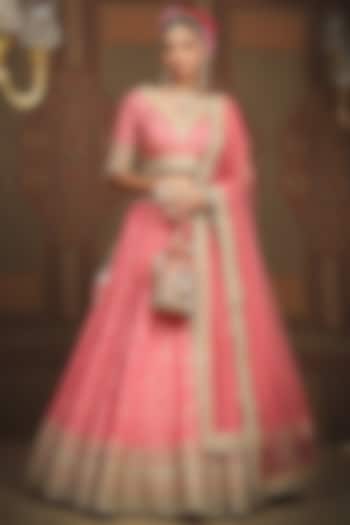 Rouge Pink Cotton Shimmer Chanderi Gota Embroidered Wedding Lehenga Set by Shikhar Sharma at Pernia's Pop Up Shop