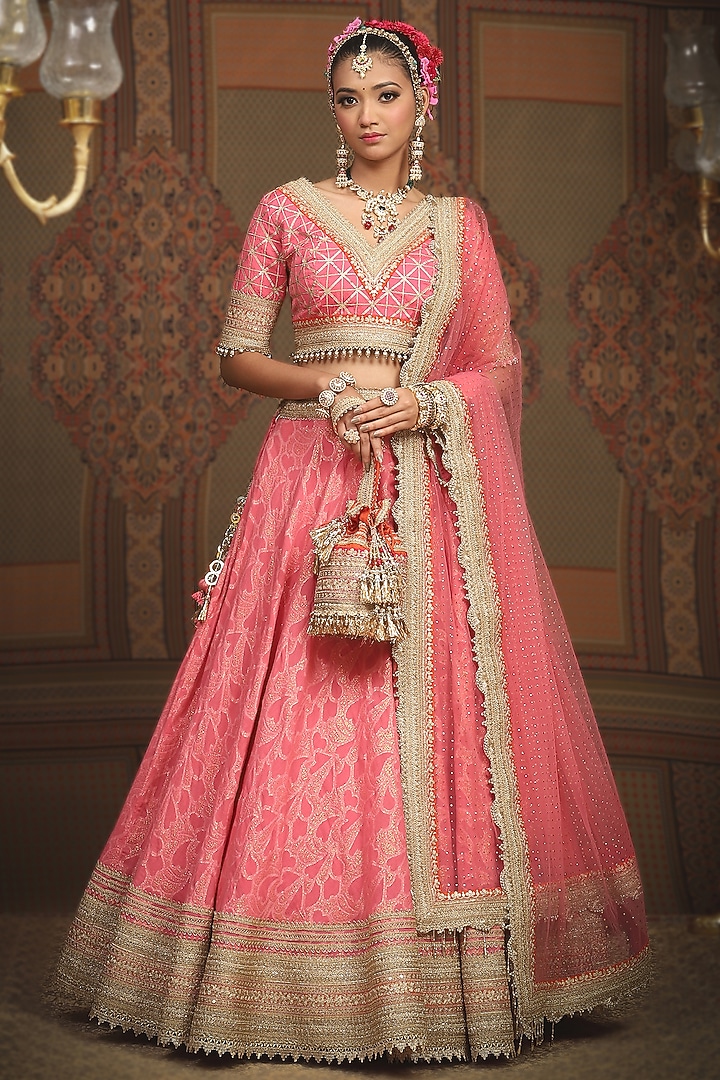 Rouge Pink Cotton Shimmer Chanderi Gota Embroidered Wedding Lehenga Set by Shikhar Sharma at Pernia's Pop Up Shop