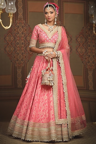 Rouge Pink Cotton Shimmer Chanderi Gota Embroidered Lehenga Set by Shikhar Sharma