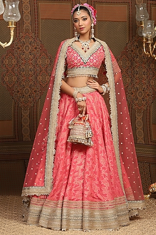 Punch Pink Cotton Shimmer Chanderi Gota Embroidered Lehenga Set by Shikhar Sharma