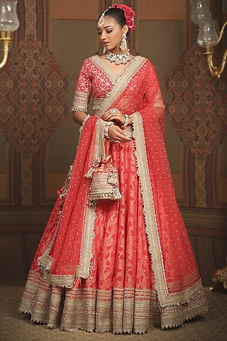 Watermelon Red Cotton Shimmer Chanderi Gota Embroidered Lehenga Set by Shikhar Sharma