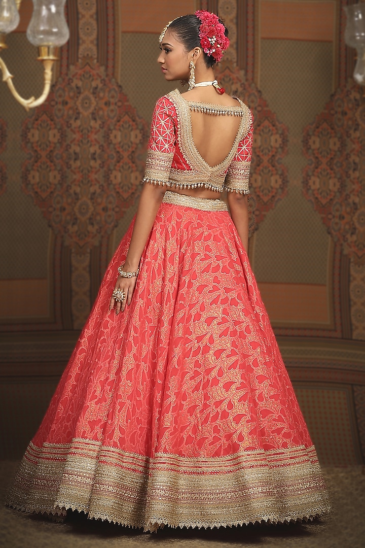Watermelon Red Cotton Shimmer Chanderi Gota Embroidered Wedding Lehenga Set by Shikhar Sharma at Pernia's Pop Up Shop