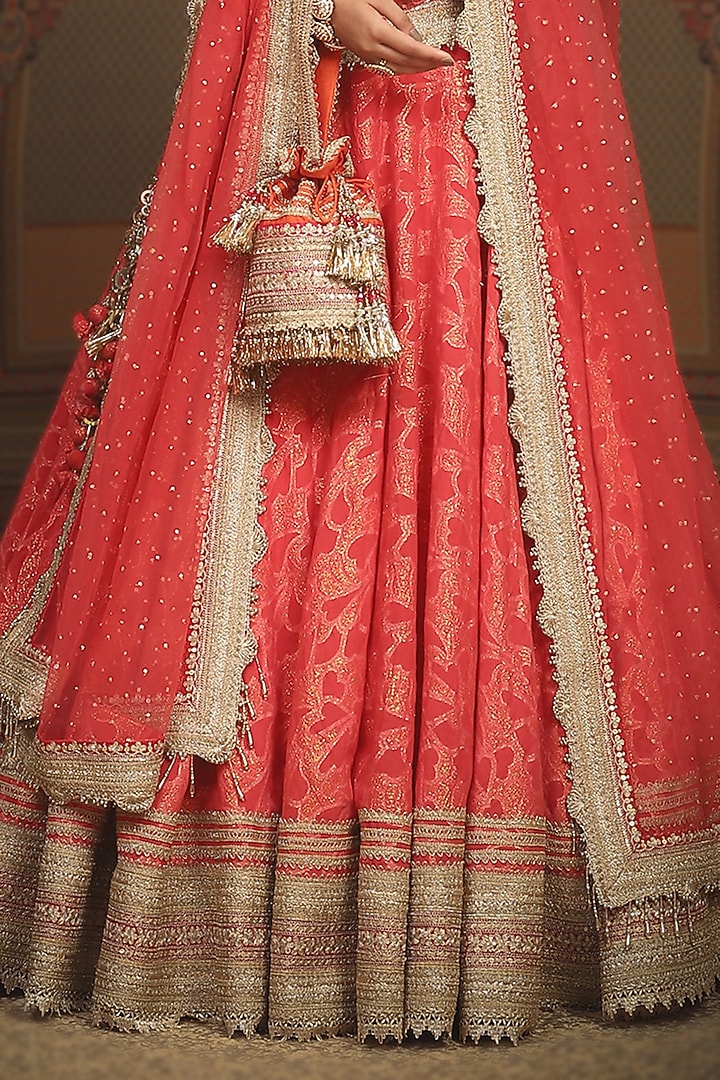 Watermelon Red Cotton Shimmer Chanderi Gota Embroidered Wedding Lehenga Set by Shikhar Sharma at Pernia's Pop Up Shop