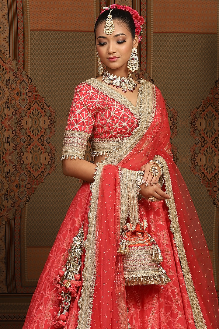 Watermelon Red Cotton Shimmer Chanderi Gota Embroidered Wedding Lehenga Set by Shikhar Sharma at Pernia's Pop Up Shop