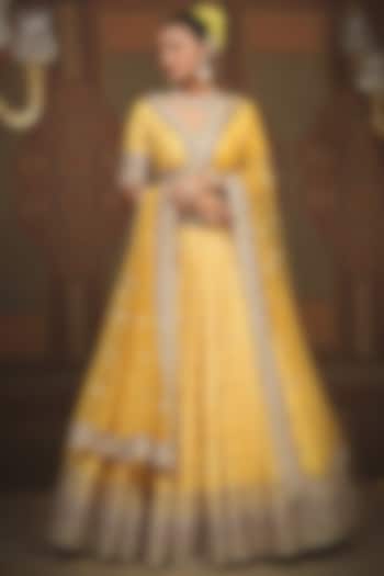 Mango Yellow Cotton Shimmer Chanderi Gota Embroidered Wedding Lehenga Set by Shikhar Sharma at Pernia's Pop Up Shop