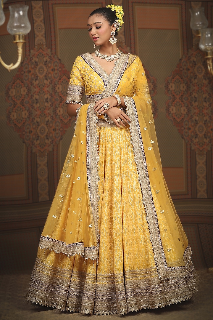 Mango Yellow Cotton Shimmer Chanderi Gota Embroidered Wedding Lehenga Set by Shikhar Sharma at Pernia's Pop Up Shop