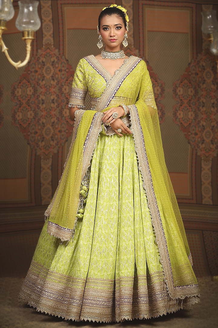 Lemon Green Cotton Shimmer Chanderi Gota Embroidered Lehenga Set Design