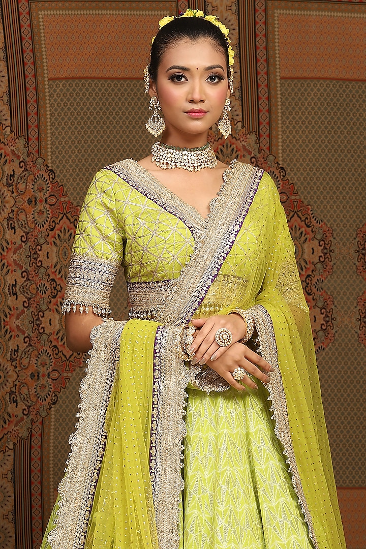 Lemon Green Cotton Shimmer Chanderi Gota Embroidered Wedding Lehenga Set by Shikhar Sharma at Pernia's Pop Up Shop