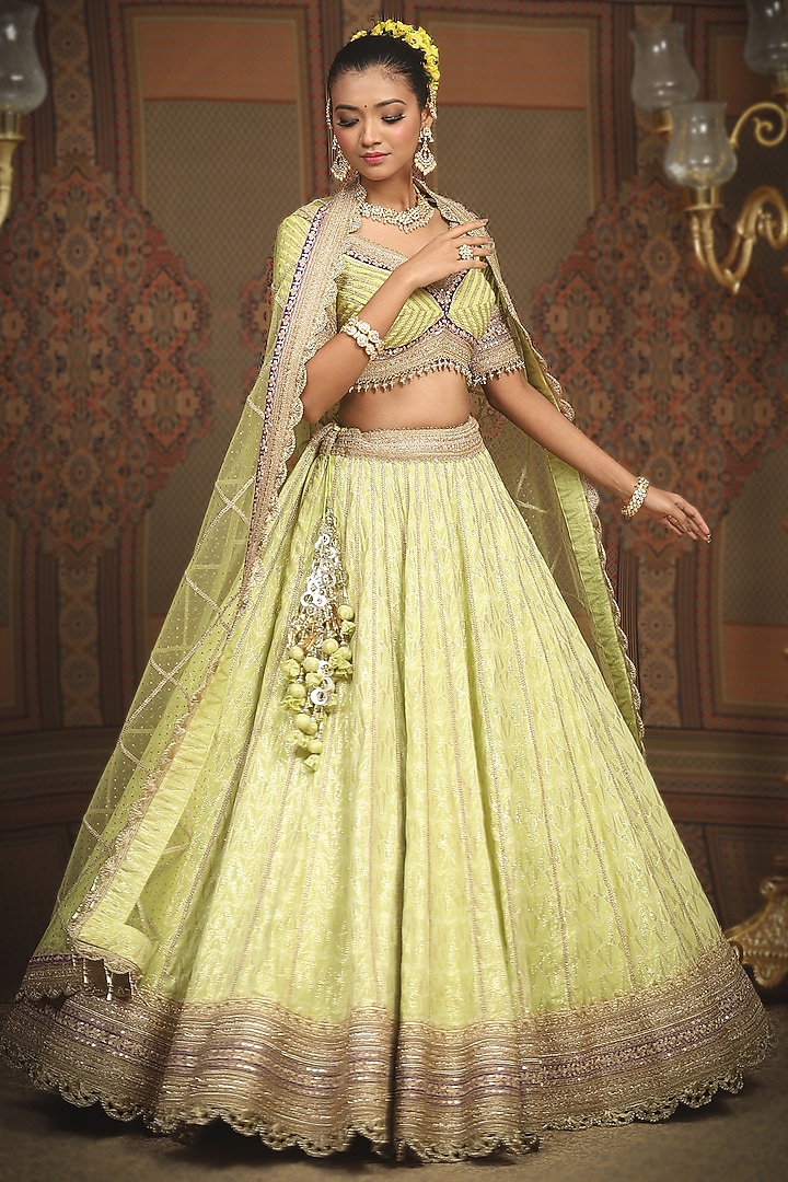 Light Green Cotton Shimmer Chanderi Gota Embroidered Wedding Lehenga Set by Shikhar Sharma at Pernia's Pop Up Shop