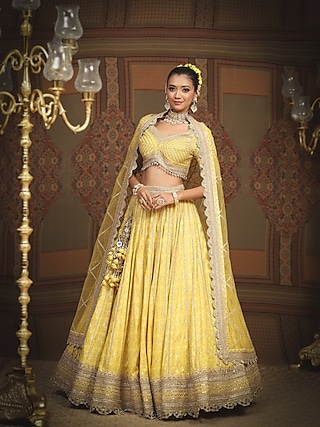 Lemon Yellow Cotton Shimmer Chanderi Gota Embroidered Lehenga Set by Shikhar Sharma