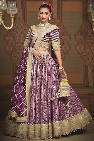 Purple Cotton Shimmer Chanderi Gota Embroidered Lehenga Set by Shikhar Sharma