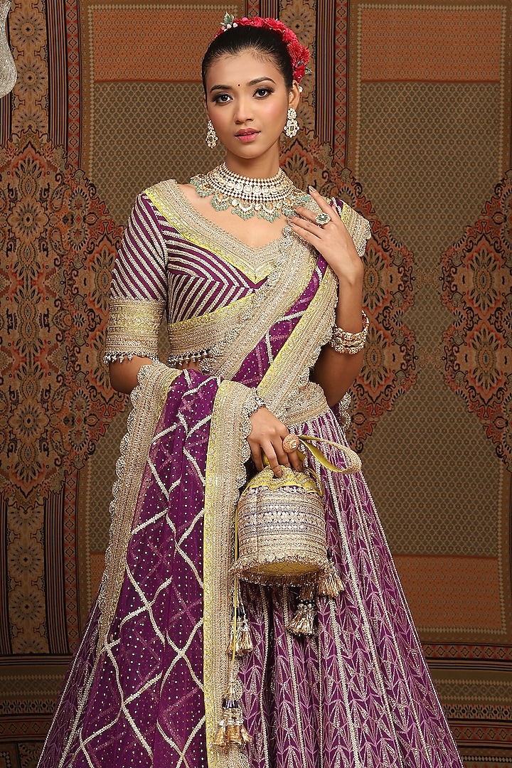 Purple Cotton Shimmer Chanderi Gota Embroidered Wedding Lehenga Set by Shikhar Sharma at Pernia's Pop Up Shop