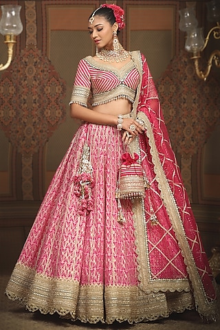 Rani Pink Cotton Shimmer Chanderi Gota Embroidered Lehenga Set by Shikhar Sharma