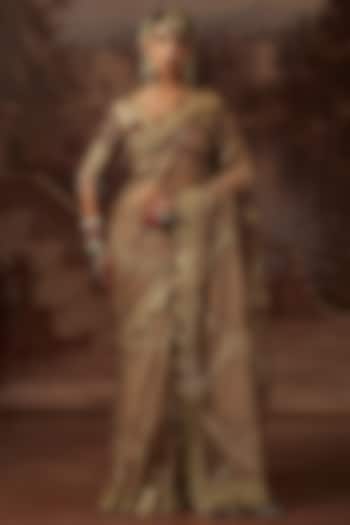Dusty Gold Silk Organza Jaal Scalloped Embroidered Wedding Saree Set by Shikhar Sharma at Pernia's Pop Up Shop