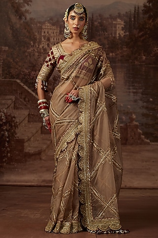 Dusty Gold Silk Organza Jaal Scalloped Embroidered Saree Set by shikhar sharma