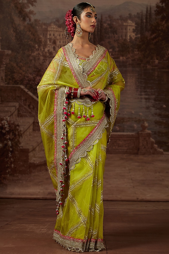 Lemon Green & Rani Pink Silk Organa Gota Embroidered Wedding Saree Set by Shikhar Sharma at Pernia's Pop Up Shop