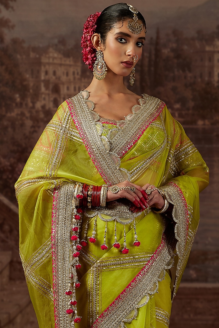 Lemon Green & Rani Pink Silk Organa Gota Embroidered Wedding Saree Set by Shikhar Sharma at Pernia's Pop Up Shop