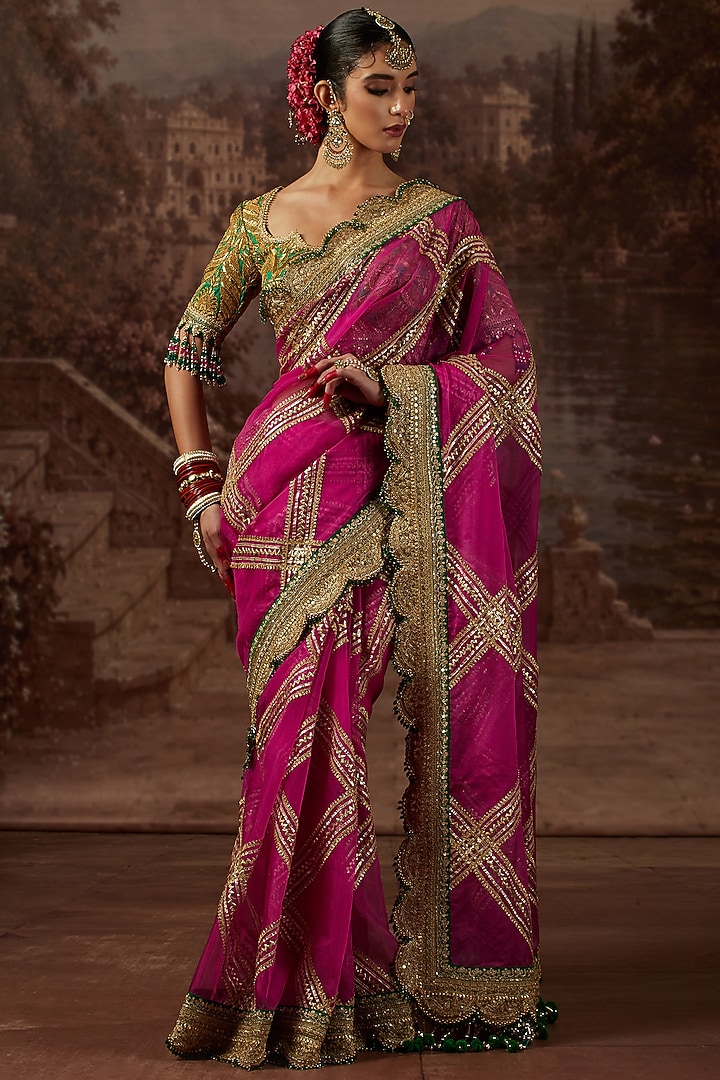 Royal Rani Pink Silk Organza Gota Scalloped Embroidered Wedding Saree Set by Shikhar Sharma at Pernia's Pop Up Shop