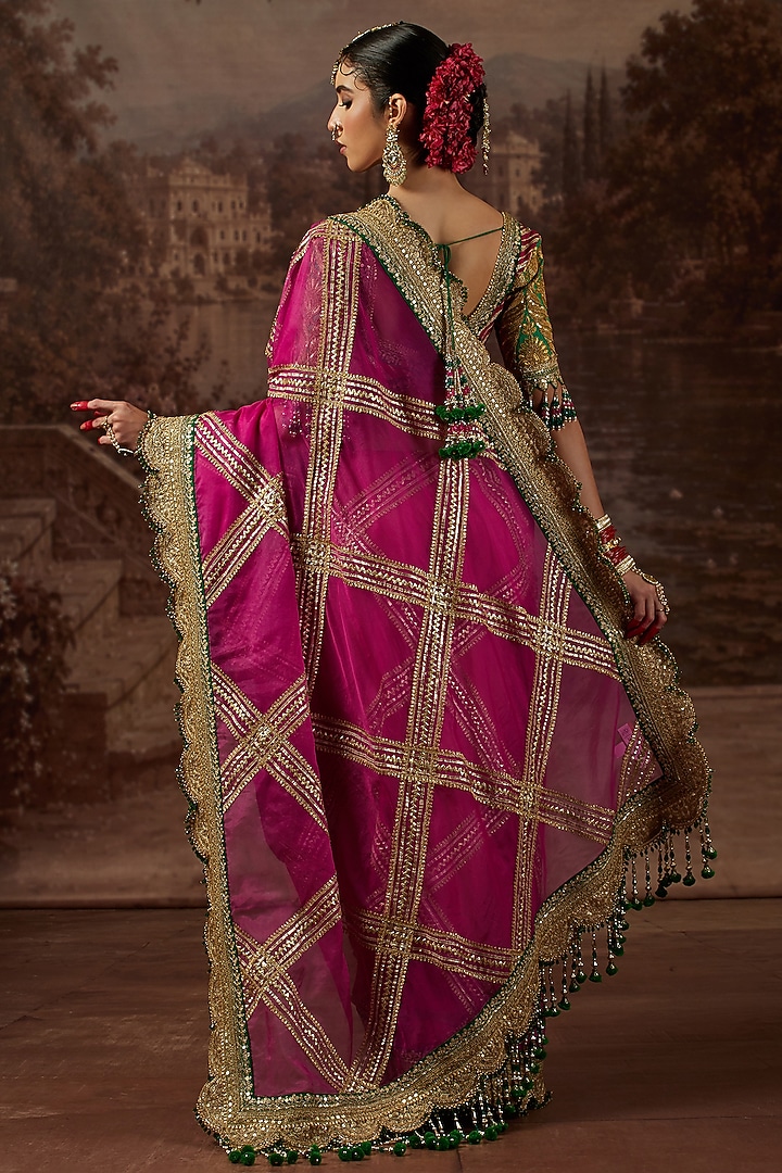 Royal Rani Pink Silk Organza Gota Scalloped Embroidered Wedding Saree Set by Shikhar Sharma at Pernia's Pop Up Shop