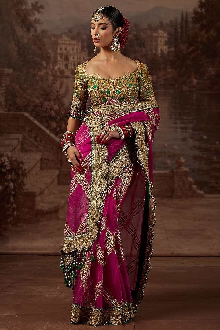 Royal Rani Pink Silk Organza Gota Scalloped Embroidered Wedding Saree Set by Shikhar Sharma at Pernia's Pop Up Shop