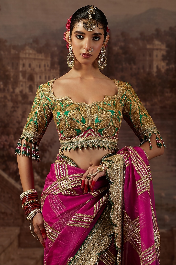 Royal Rani Pink Silk Organza Gota Scalloped Embroidered Wedding Saree Set by Shikhar Sharma at Pernia's Pop Up Shop
