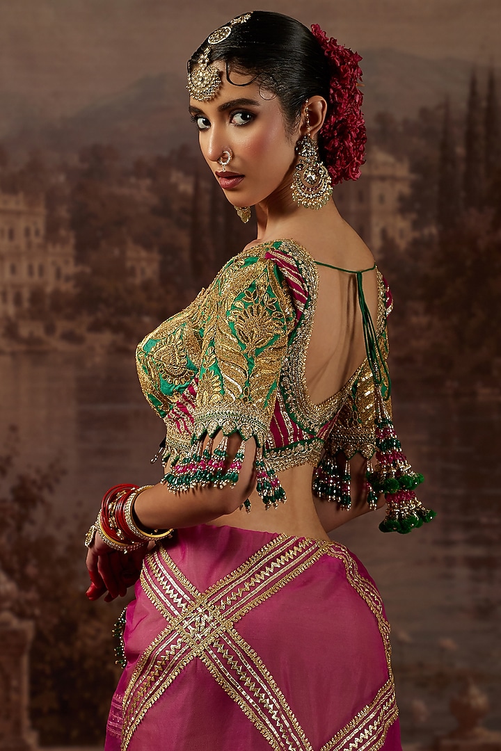 Royal Rani Pink Silk Organza Gota Scalloped Embroidered Wedding Saree Set by Shikhar Sharma at Pernia's Pop Up Shop