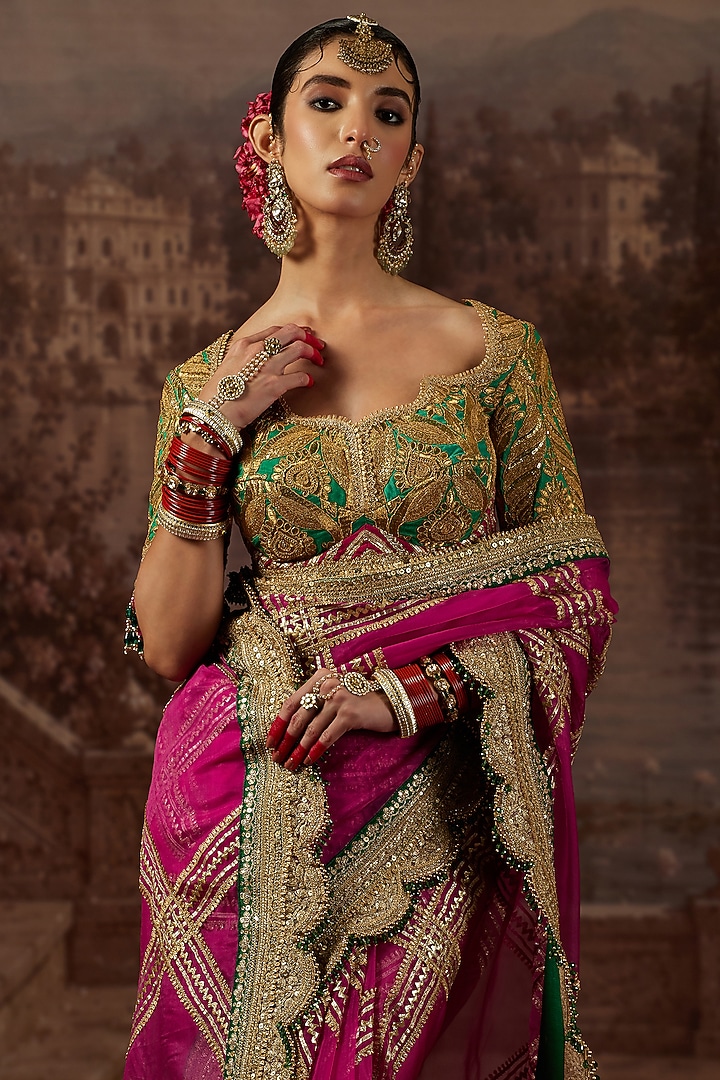Royal Rani Pink Silk Organza Gota Scalloped Embroidered Wedding Saree Set by Shikhar Sharma at Pernia's Pop Up Shop