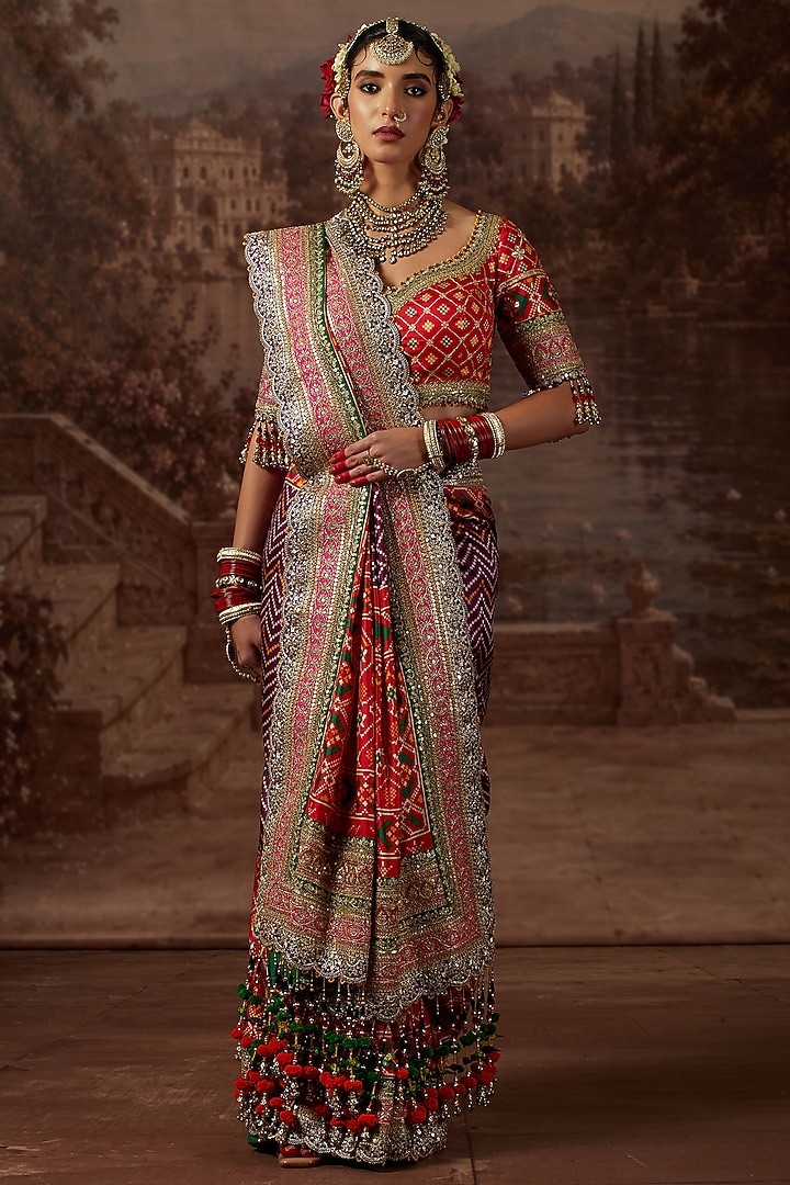 Multi-Colored Silk Patola Printed & Scalloped Embroidered Reception Saree Set by Shikhar Sharma at Pernia's Pop Up Shop
