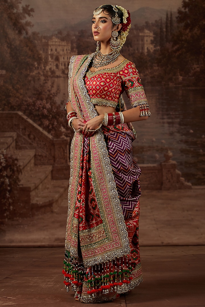 Multi-Colored Silk Patola Printed & Scalloped Embroidered Reception Saree Set by Shikhar Sharma at Pernia's Pop Up Shop