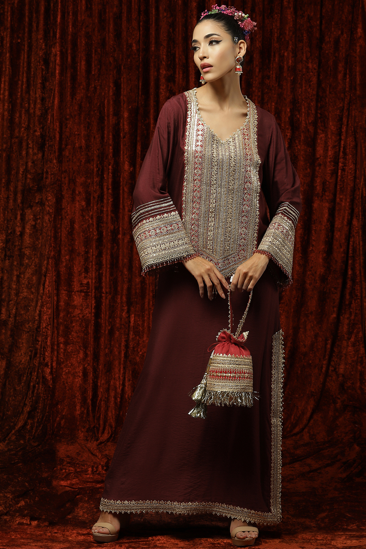 Red & Maroon Embroidered Kaftan by Shikhar Sharma