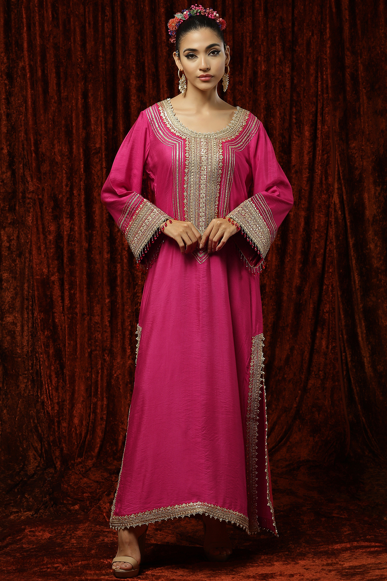 Red & Pink Embroidered Kaftan by Shikhar Sharma at Pernia's Pop Up Shop