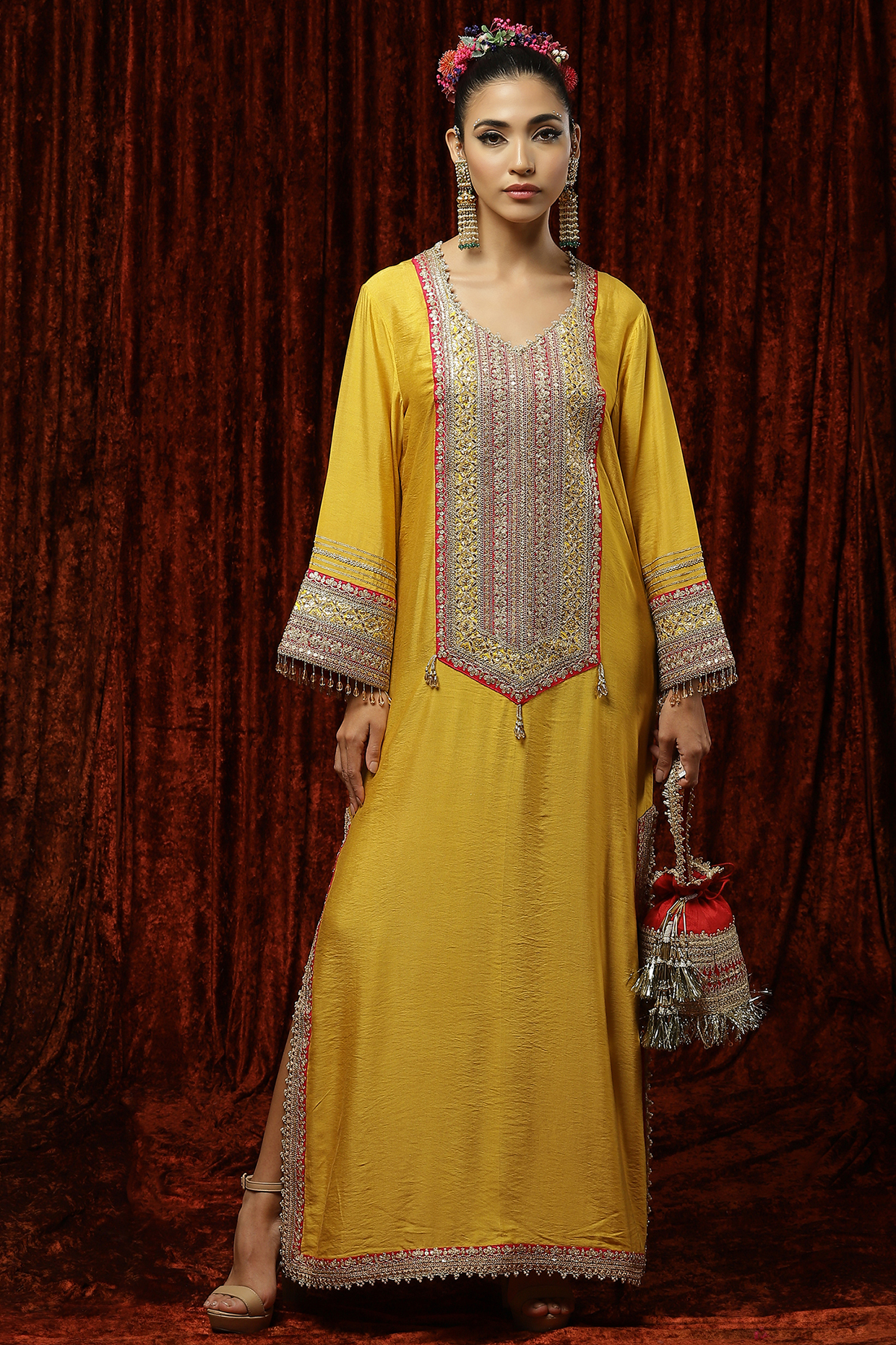 Lemon Yellow Embroidered Kaftan by Shikhar Sharma at Pernia's Pop Up Shop