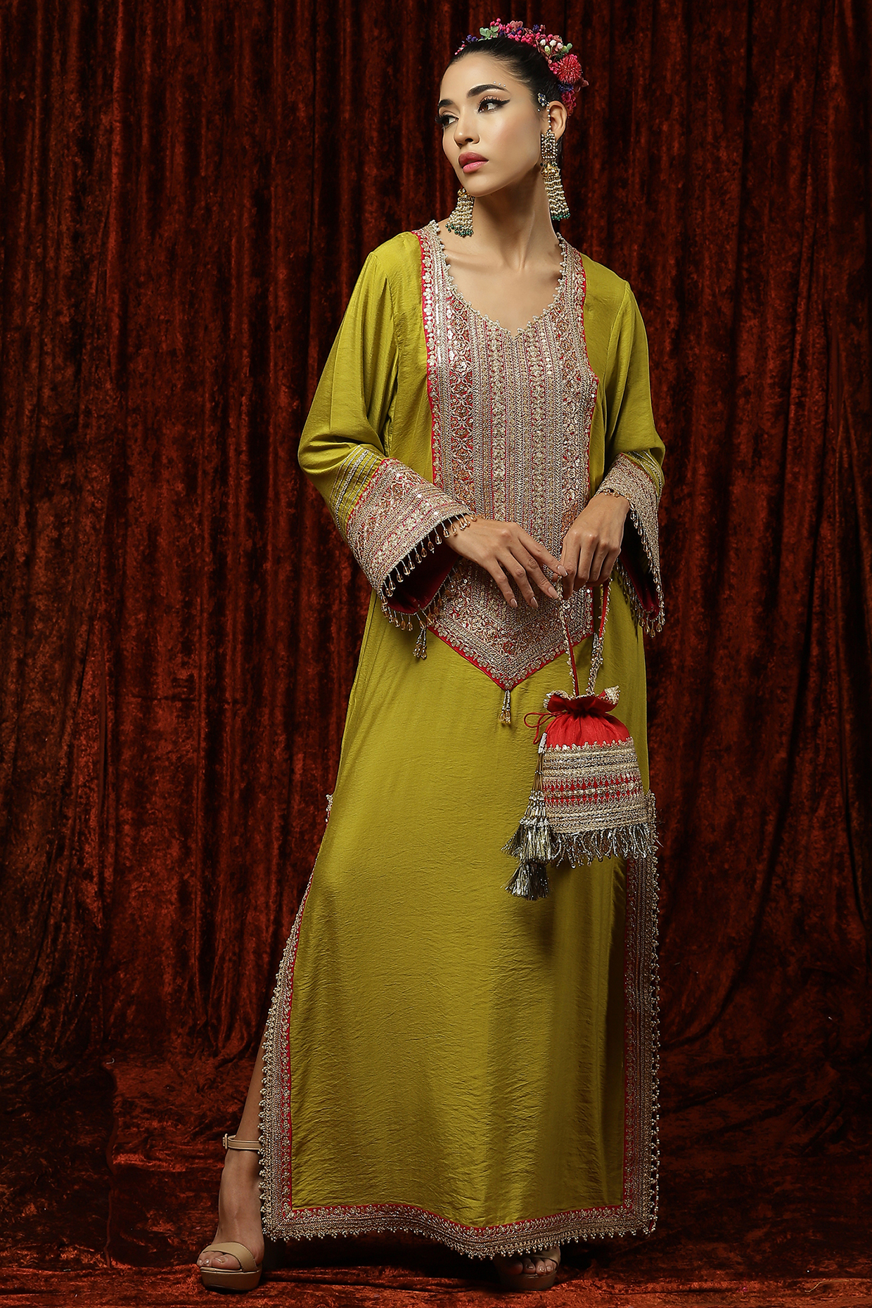 Lemon Green Embroidered Kaftan by Shikhar Sharma at Pernia's Pop Up Shop