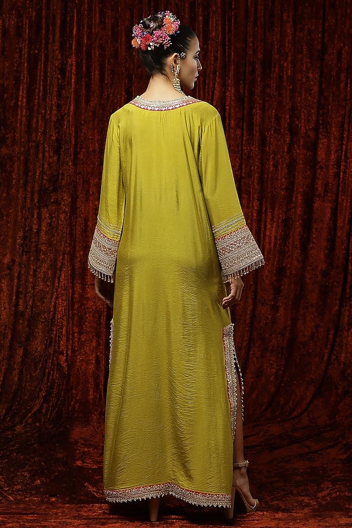 Lemon Green Embroidered Kaftan by Shikhar Sharma at Pernia's Pop Up Shop