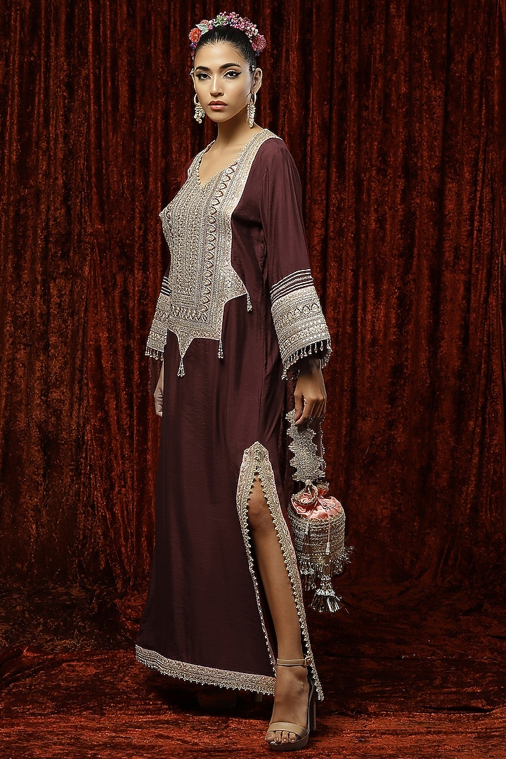 Maroon & Baby Pink Embroidered Kaftan by Shikhar Sharma at Pernia's Pop Up Shop