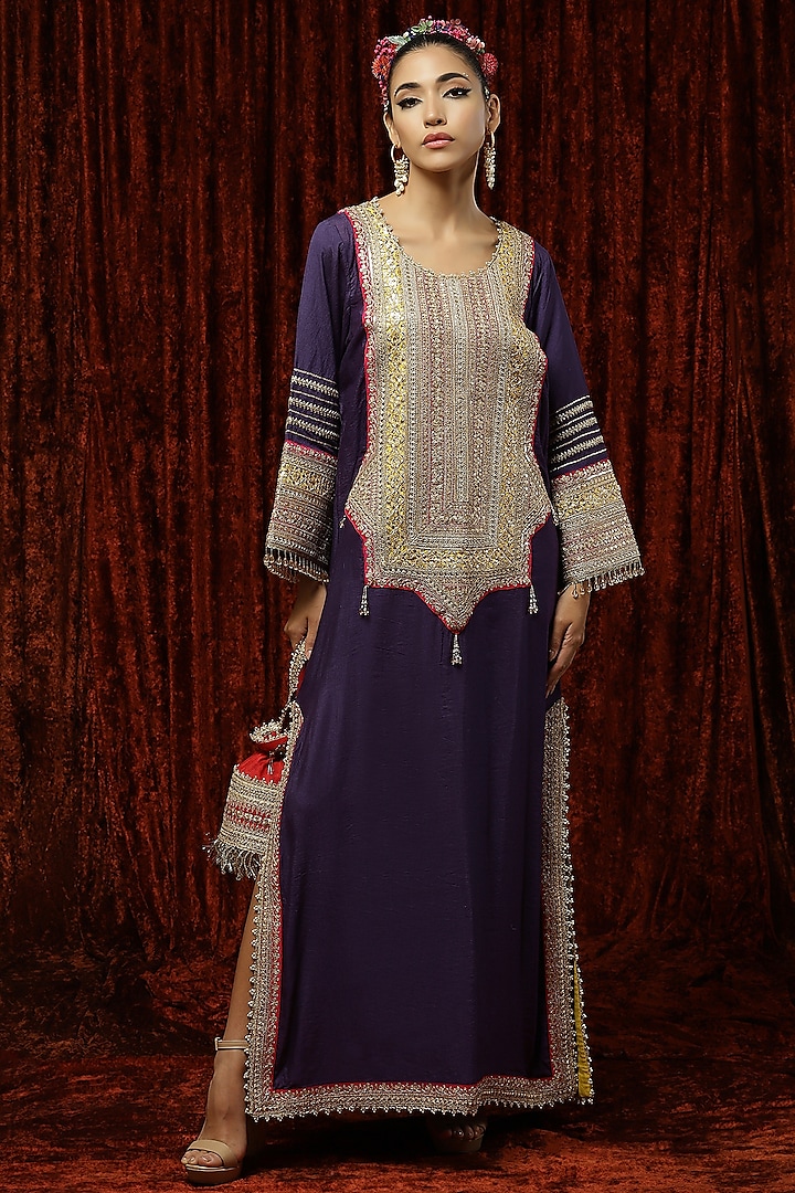 Purple Silk Embroidered Kaftan by Shikhar Sharma