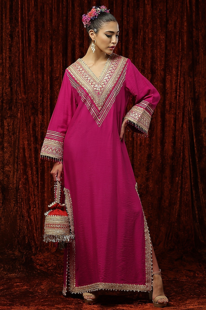 Red & Rani Pink Silk Embroidered Kaftan by Shikhar Sharma