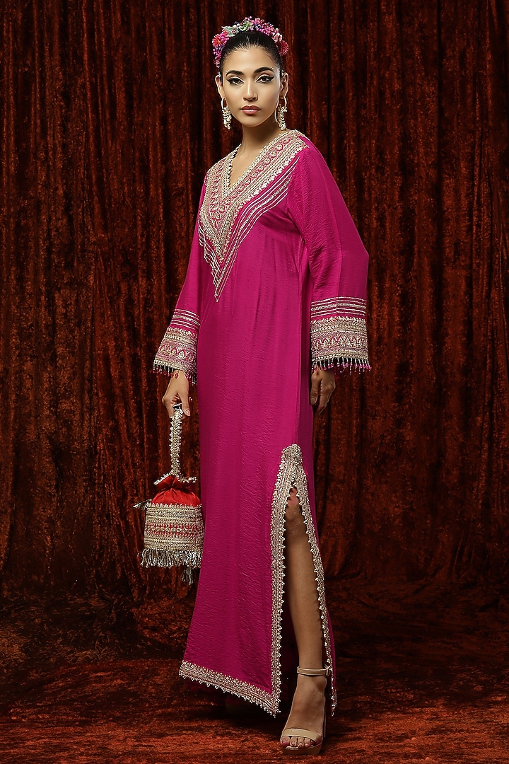 Red & Rani Pink Silk Embroidered Kaftan by Shikhar Sharma at Pernia's Pop Up Shop