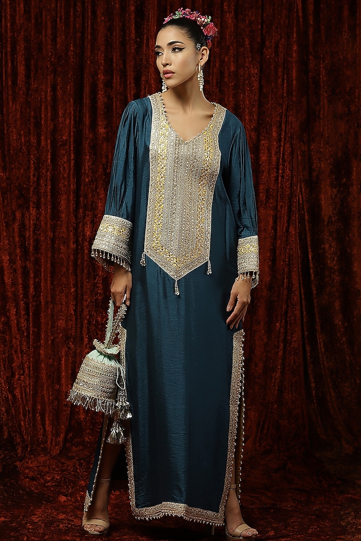 Peacock Blue Embroidered Kaftan by Shikhar Sharma at Pernia's Pop Up Shop