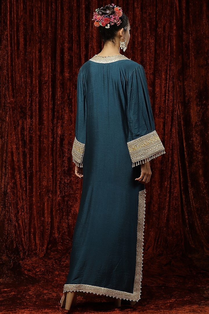 Peacock Blue Embroidered Kaftan by Shikhar Sharma at Pernia's Pop Up Shop