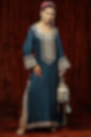 Peacock Blue & Grey Embroidered Kaftan by Shikhar Sharma at Pernia's Pop Up Shop