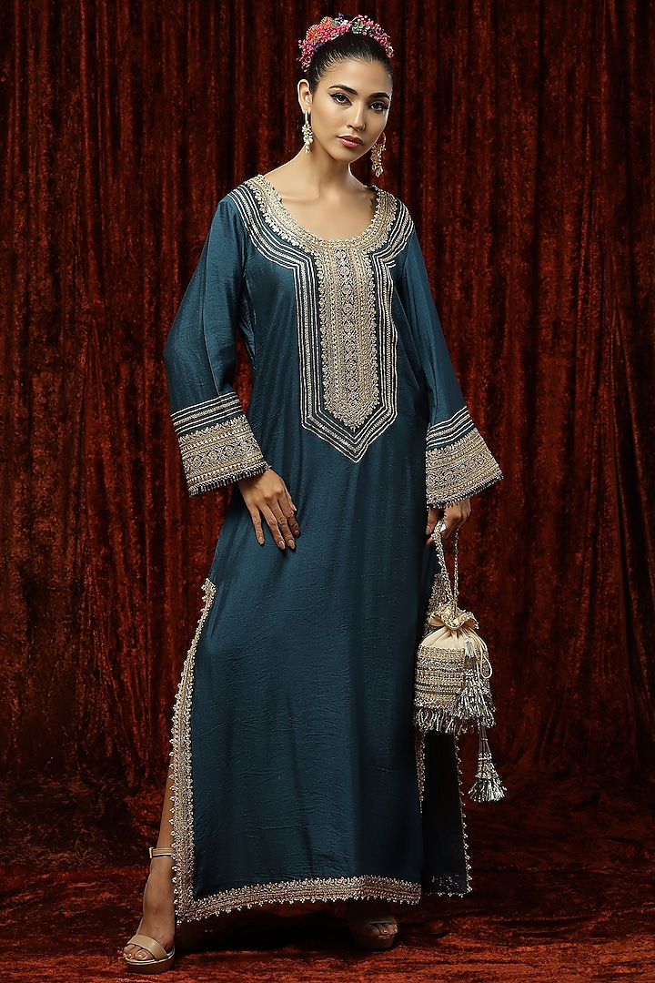Peacock Blue & Grey Embroidered Kaftan by Shikhar Sharma at Pernia's Pop Up Shop