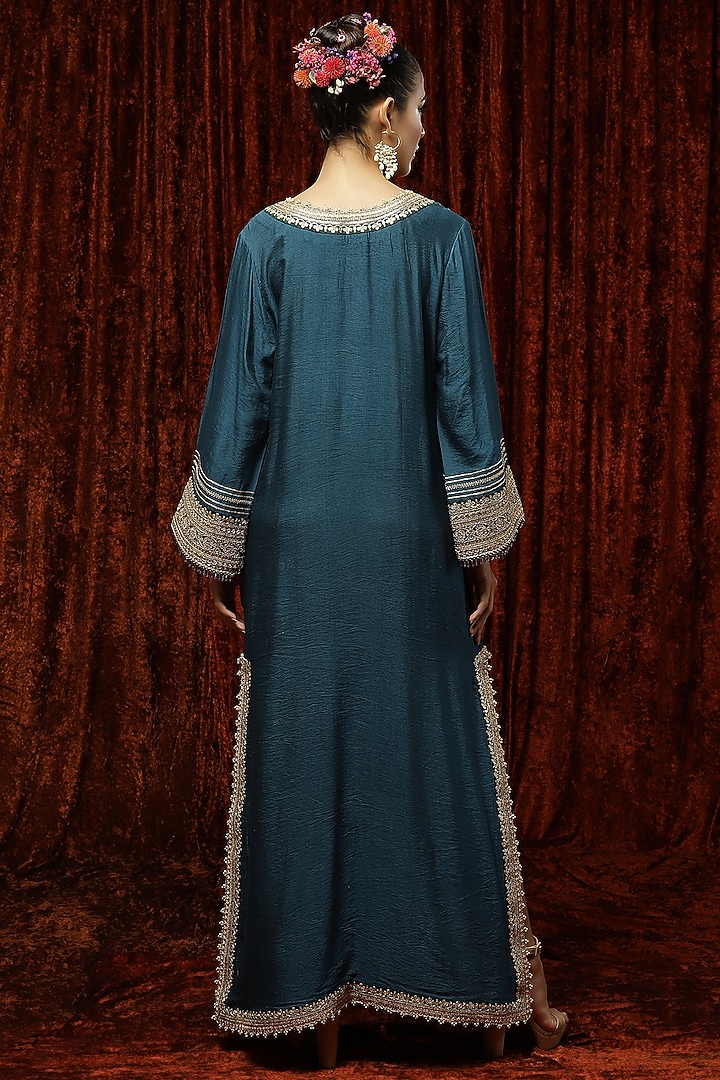 Peacock Blue & Grey Embroidered Kaftan by Shikhar Sharma at Pernia's Pop Up Shop