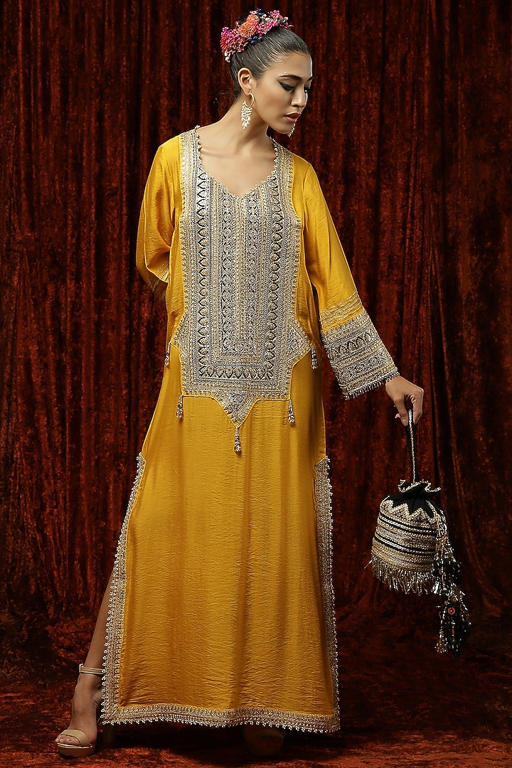 Sunset Yellow & Navy Blue Embroidered Kaftan by Shikhar Sharma at Pernia's Pop Up Shop