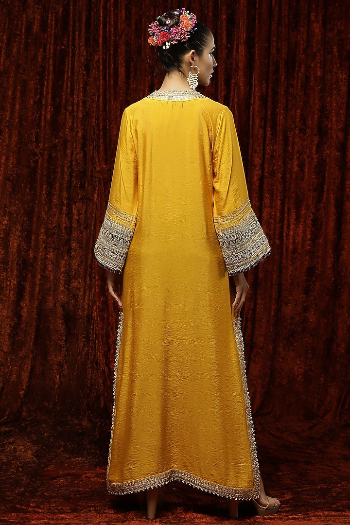 Sunset Yellow & Navy Blue Embroidered Kaftan by Shikhar Sharma at Pernia's Pop Up Shop