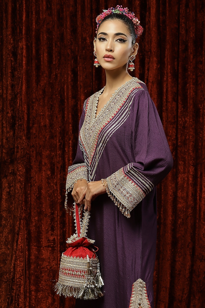Dusty Purple & Rust Pink Embroidered Kaftan by Shikhar Sharma at Pernia's Pop Up Shop