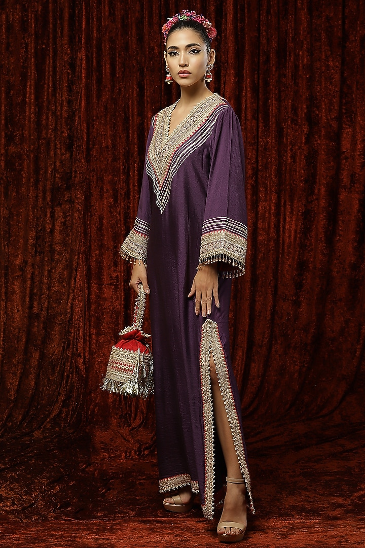 Dusty Purple & Rust Pink Embroidered Kaftan by Shikhar Sharma at Pernia's Pop Up Shop