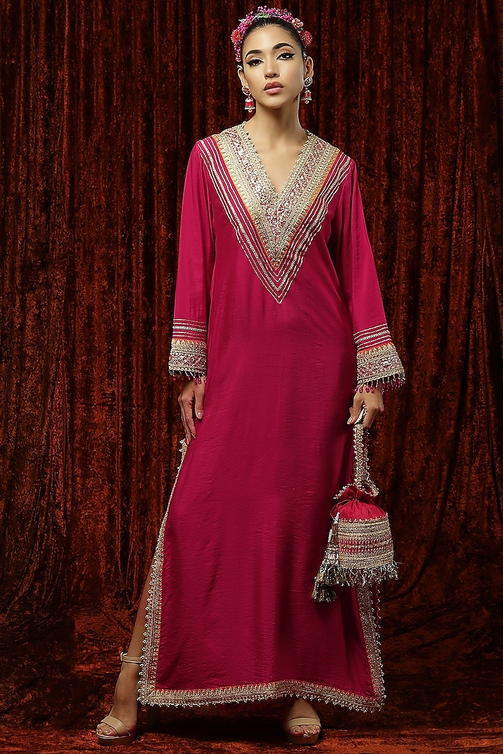 Rani Pink Embroidered Kurta Kaftan by Shikhar Sharma at Pernia's Pop Up Shop
